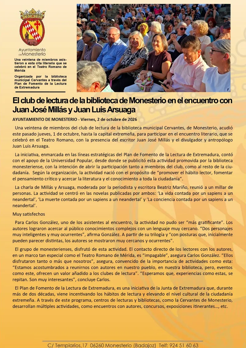 El club de lectura de Monesterio dialoga con Juan José Millás y Juan Luis Arsuaga