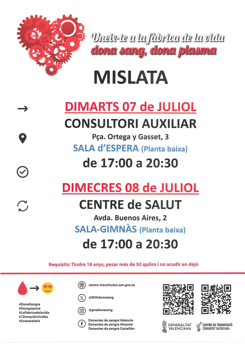 Mislata organiza colectas de sangre para garantizar el suministro hospitalario en julio