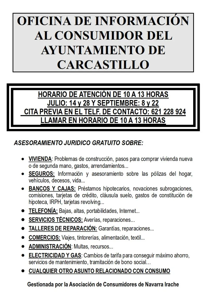 La Oficina de Información al Consumidor de Carcastillo abre citas para julio y septiembre