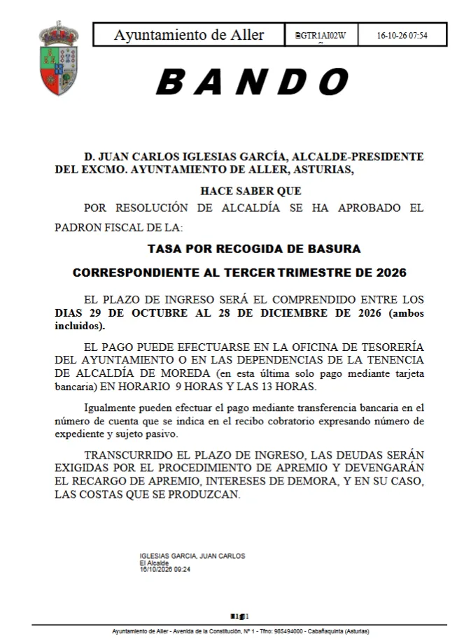 Aller informa sobre la tasa de recogida de basura del tercer trimestre de 2026