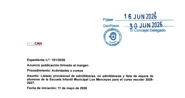 Publicados listados provisionales de la Escuela Infantil Los Menceyes en Candelaria