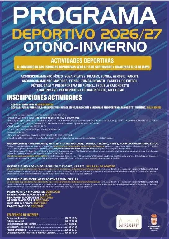 Daimiel presenta su programación deportiva de otoño-invierno con inscripciones desde agosto