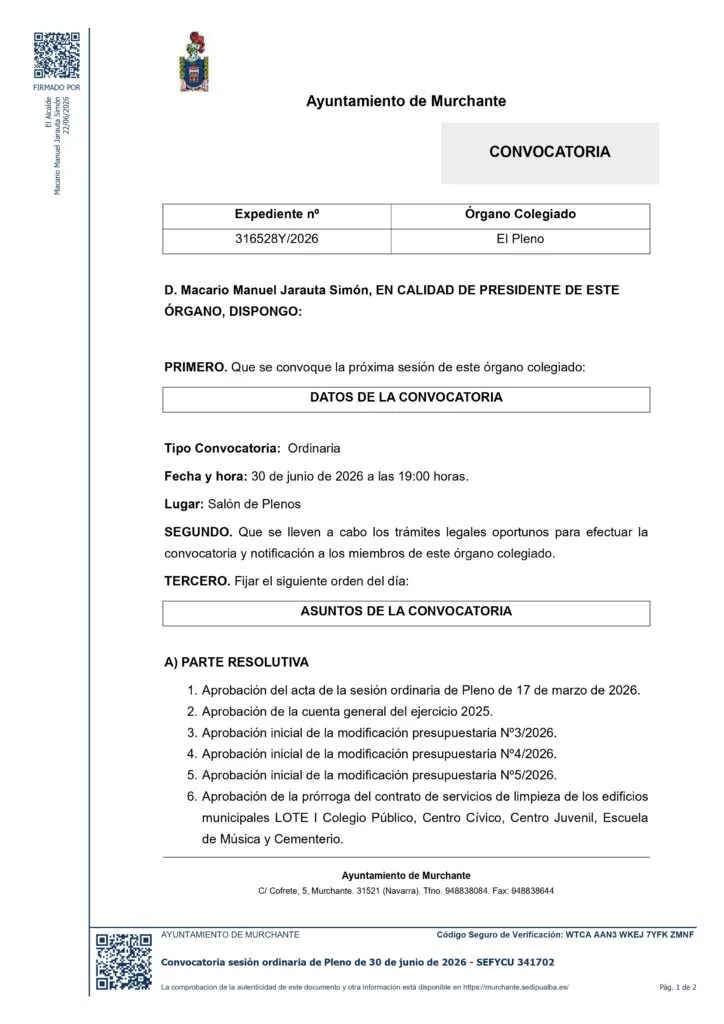 Murchante convoca pleno ordinario para el 30 de junio con emisión en directo