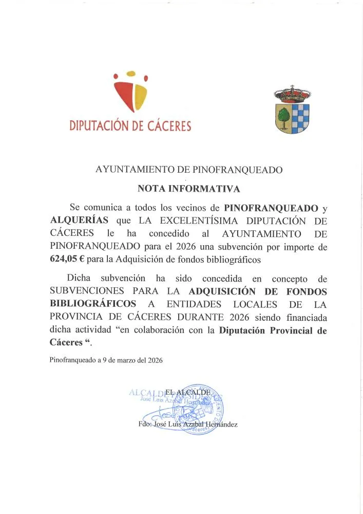 Diputación de Cáceres concede 624€ a Pinofranqueado para comprar libros