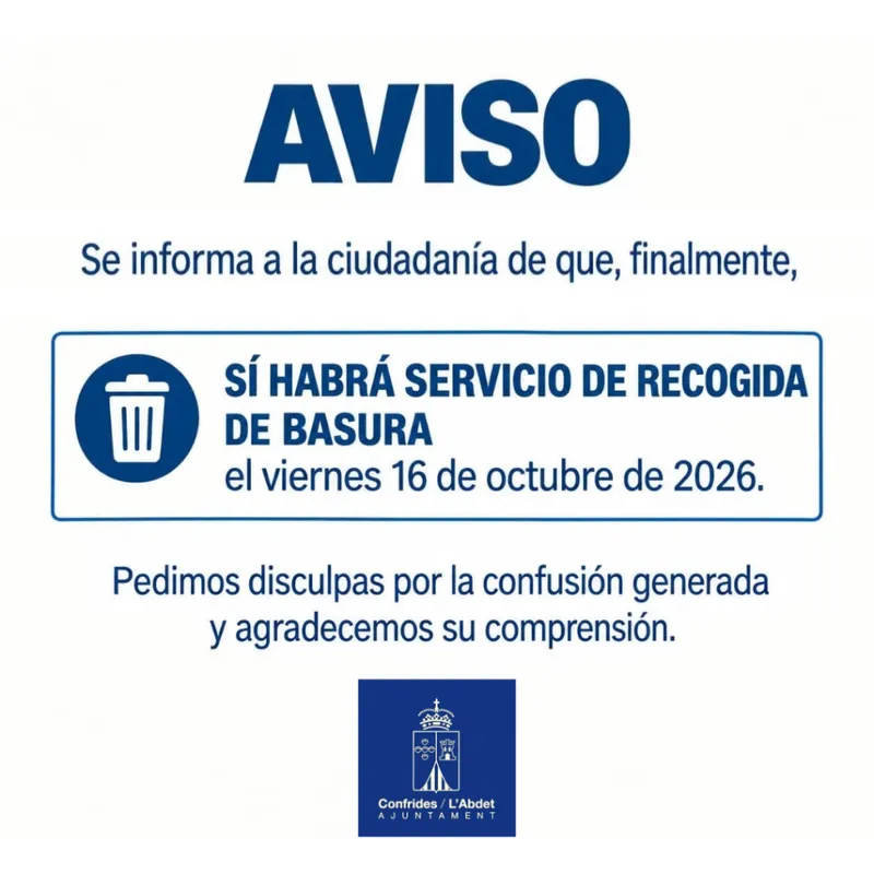 Confrides confirma la recogida de basura este viernes 16 de octubre