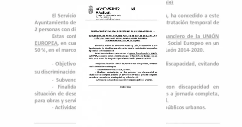 Mamblas recibe una subvención para contratar a dos personas con discapacidad