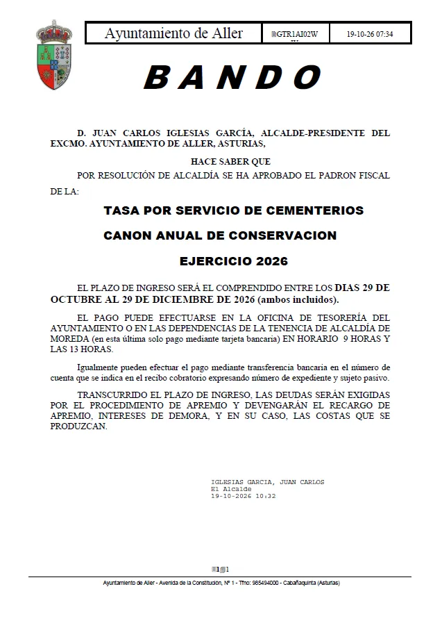 Aller fija la tasa anual de conservación de cementerios para 2026