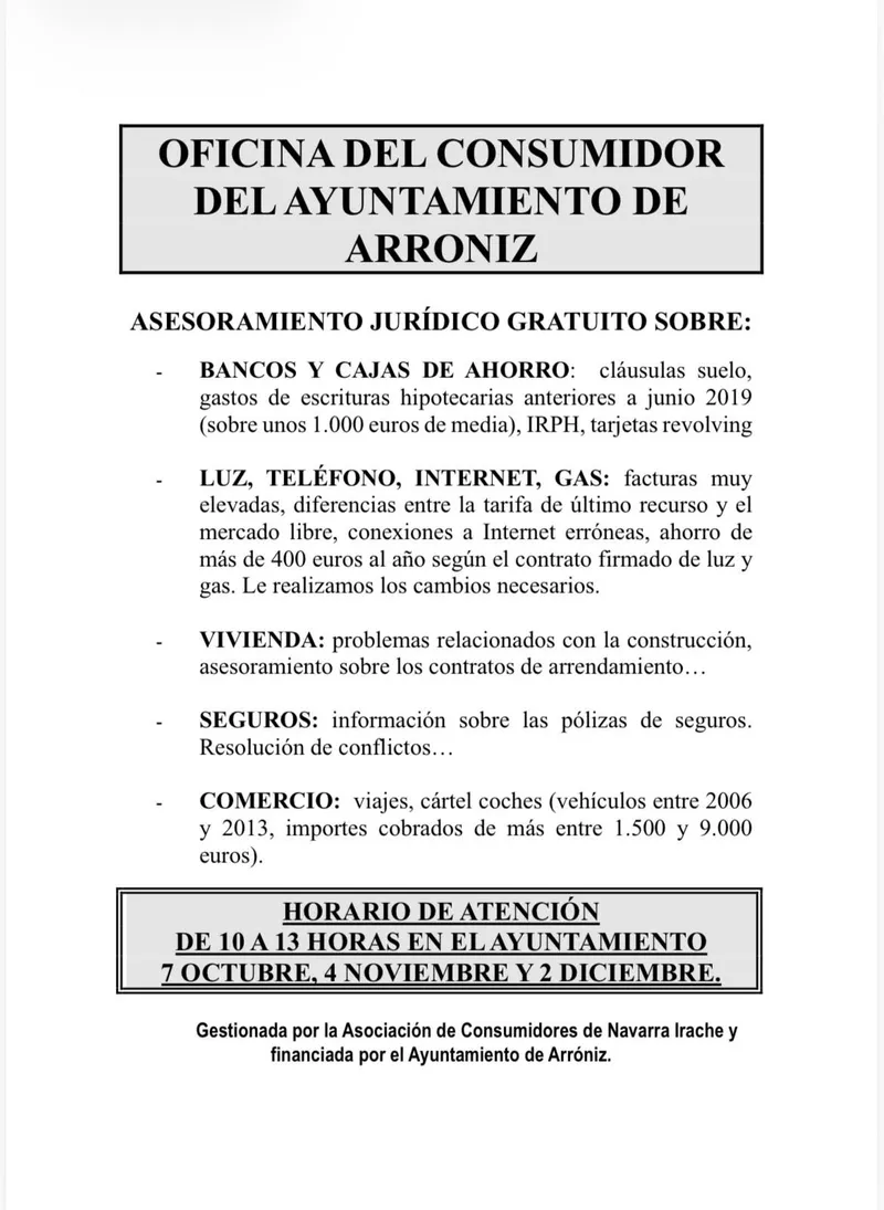 Arróniz ofrece asesoramiento jurídico gratuito a sus vecinos
