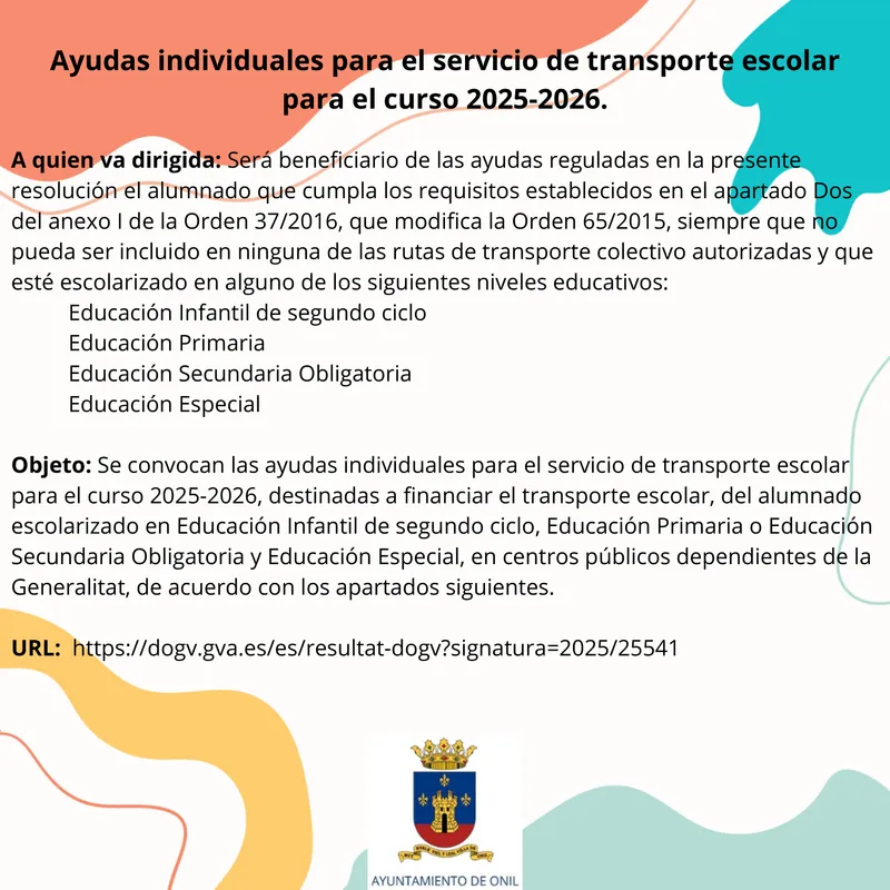 Onil abre el plazo para solicitar ayudas al transporte escolar del curso 2025-2026