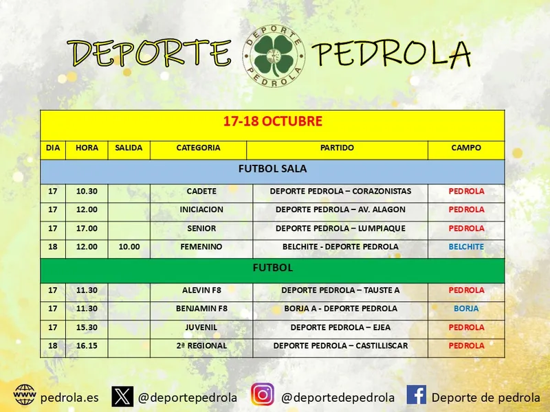 Deporte Pedrola anuncia los horarios de competición para el fin de semana del 17 y 18 de octubre