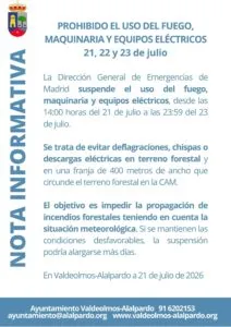 Prohibido el uso de maquinaria y equipos eléctricos en Valdeolmos-Alalpardo por riesgo de incendio