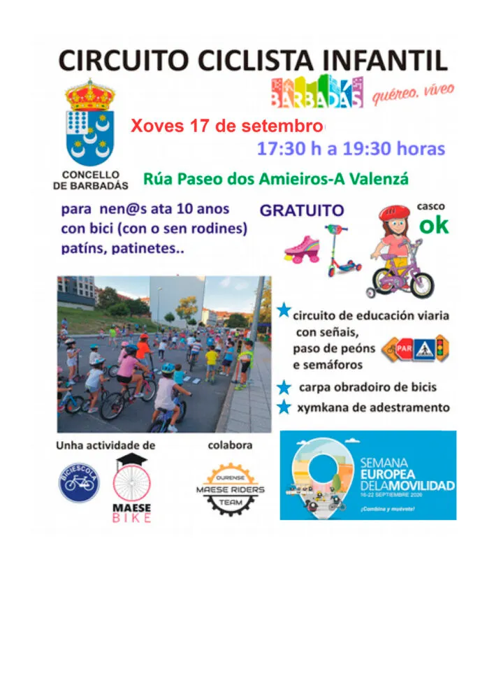 Barbadás celebra la Semana de la Movilidad con un circuito viario el 17 de septiembre