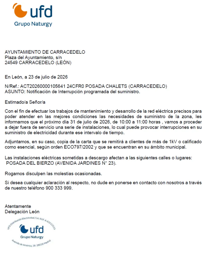 Corte de suministro eléctrico programado en Posada del Bierzo el 31 de julio