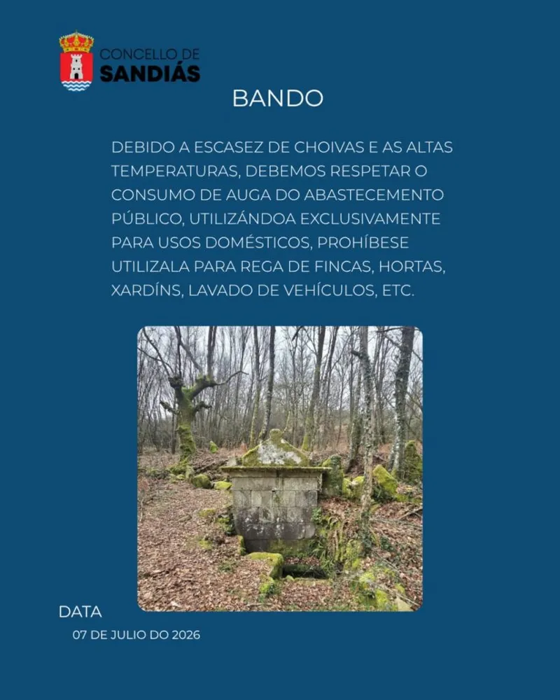 Sandiás emite un bando sobre el consumo de agua de abastecimiento público