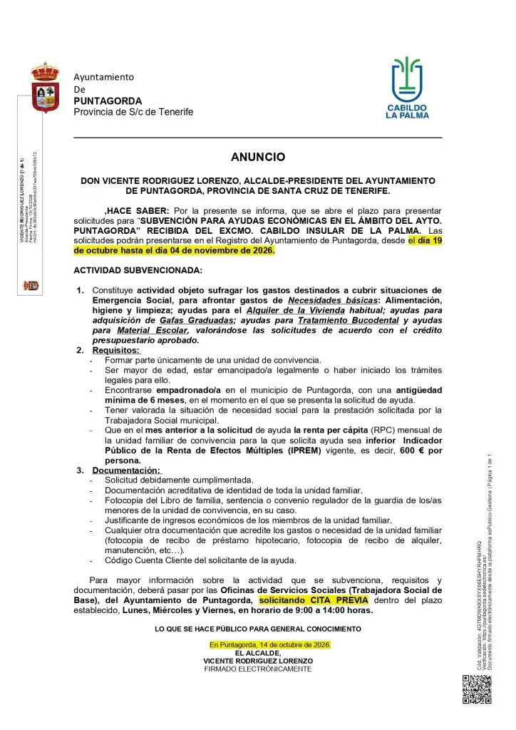 Puntagorda abre plazo para ayudas económicas de emergencia social
