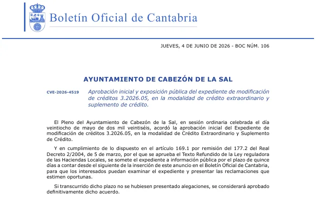 Cabezón de la Sal aprueba inicialmente la modificación de créditos para suplementos