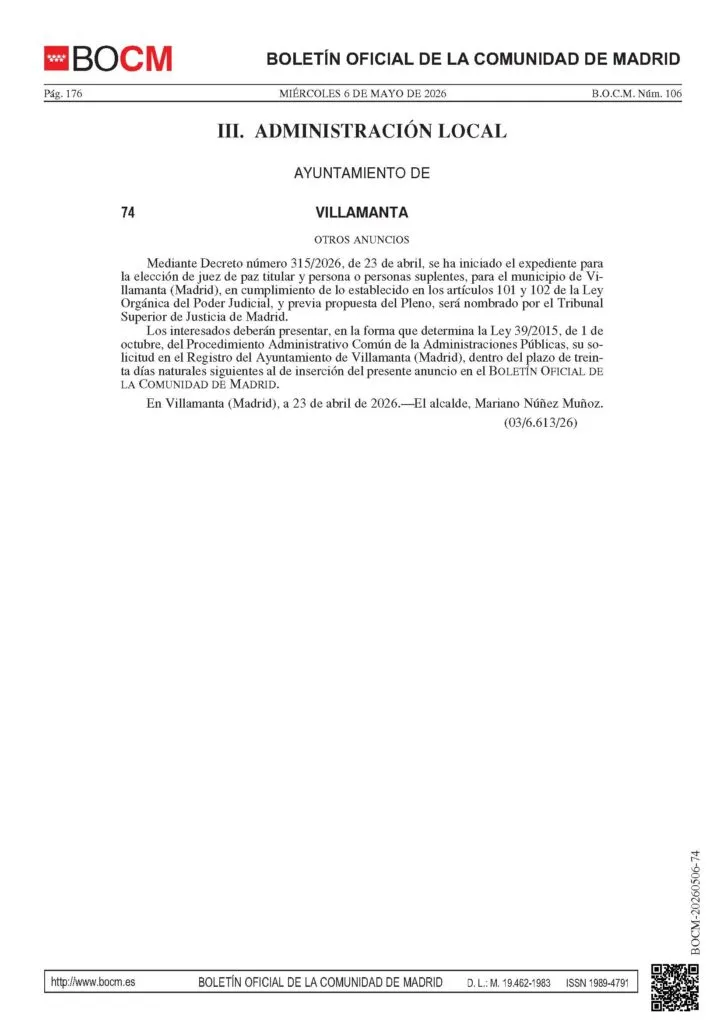 Villamanta abre el plazo para elegir Juez de Paz titular y suplentes