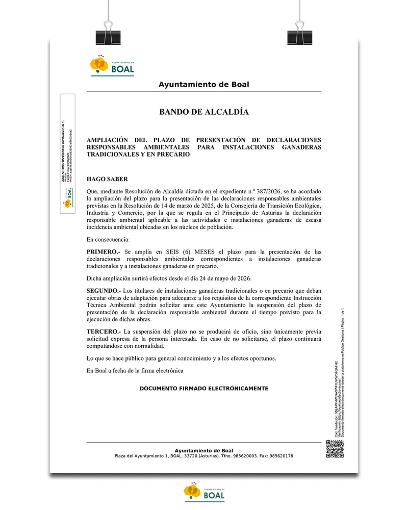 Boal amplía seis meses el plazo para declaraciones responsables ambientales en ganadería