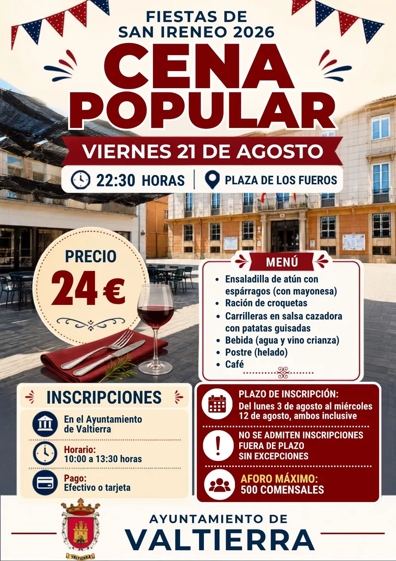 Valtierra celebra su Cena Popular en las Fiestas de San Ireneo el 21 de agosto