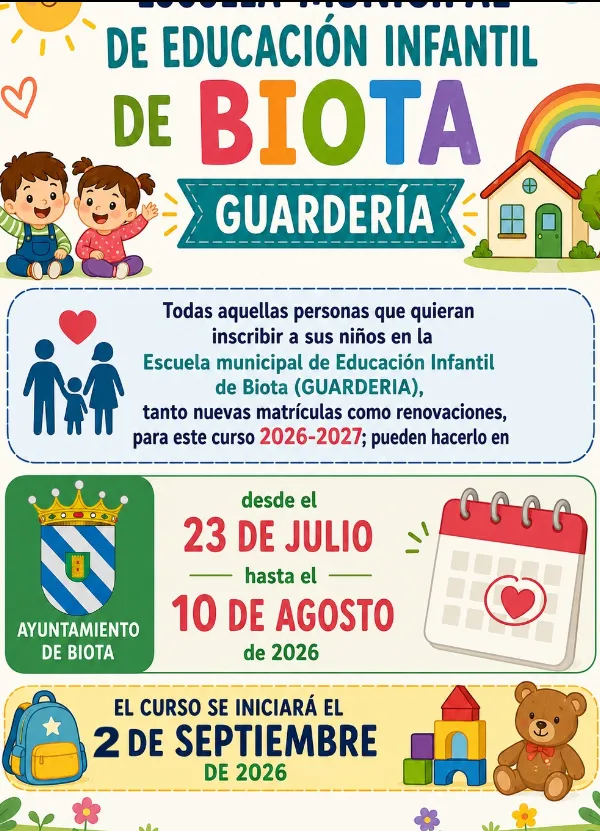 Biota abre el plazo de inscripción para la guardería municipal del curso 2026-2027