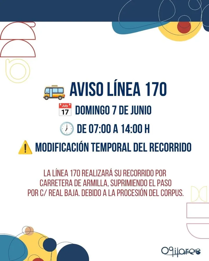 Ogíjares: Desvío temporal de la línea 170 de autobús por la procesión del Corpus