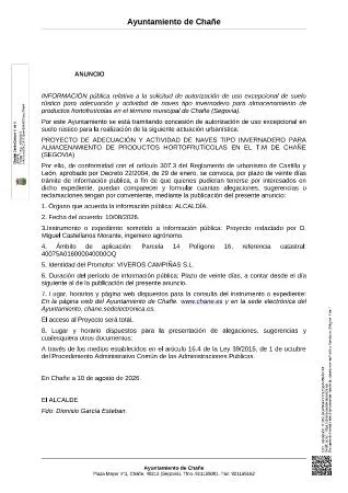 Chañe tramita el uso excepcional de suelo rústico para naves de almacenamiento hortofrutícola