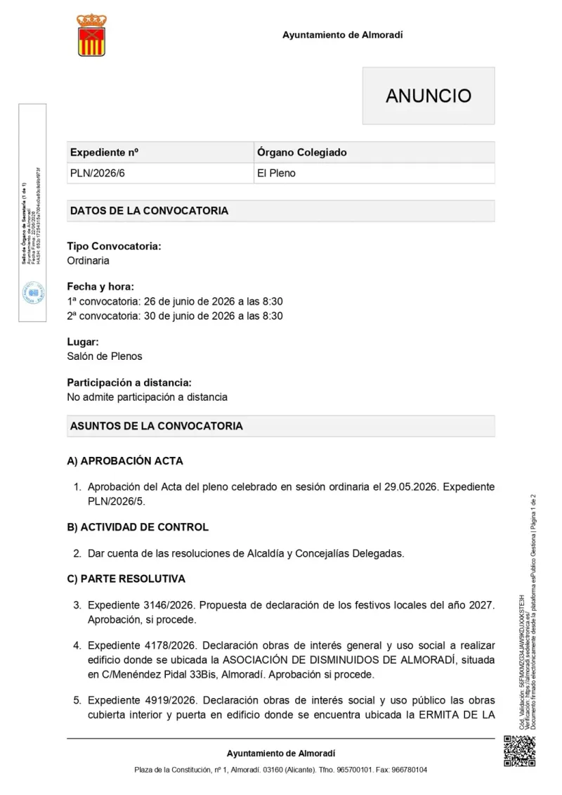 Almoradí convoca pleno ordinario para el 26 de junio