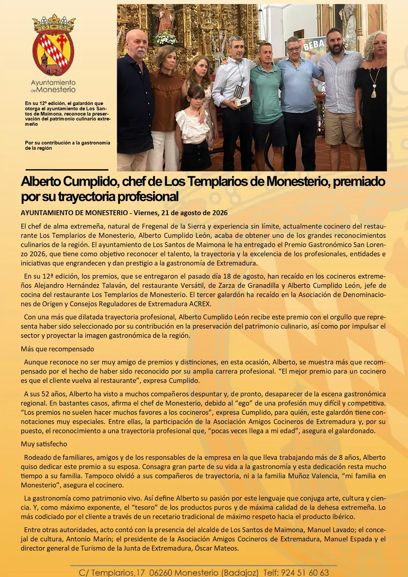 Alberto Cumplido, chef de Los Templarios de Monesterio, reconocido por su trayectoria