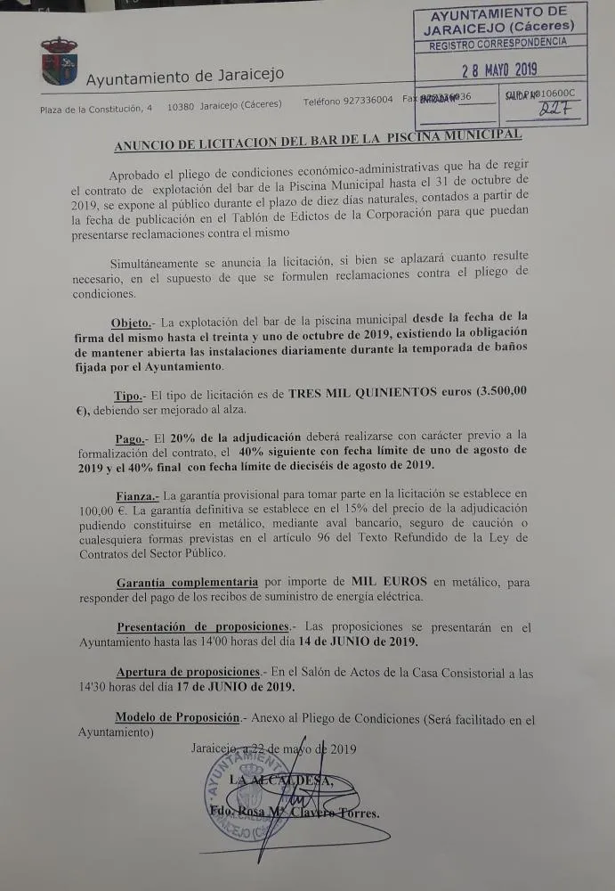 Jaraicejo saca a licitación la explotación del bar de la piscina municipal