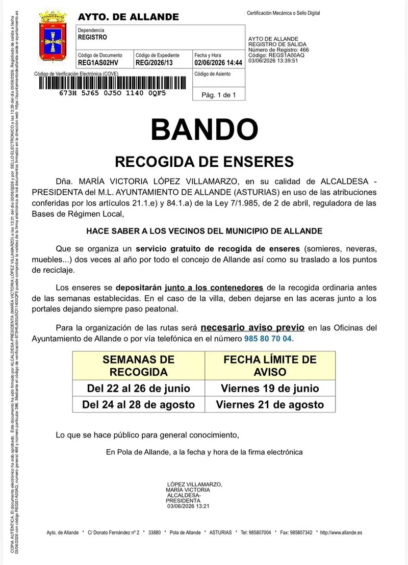 Allande ofrece recogida gratuita de enseres a domicilio