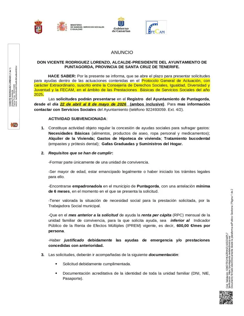 Puntagorda abre el plazo para solicitar ayudas de emergencia social