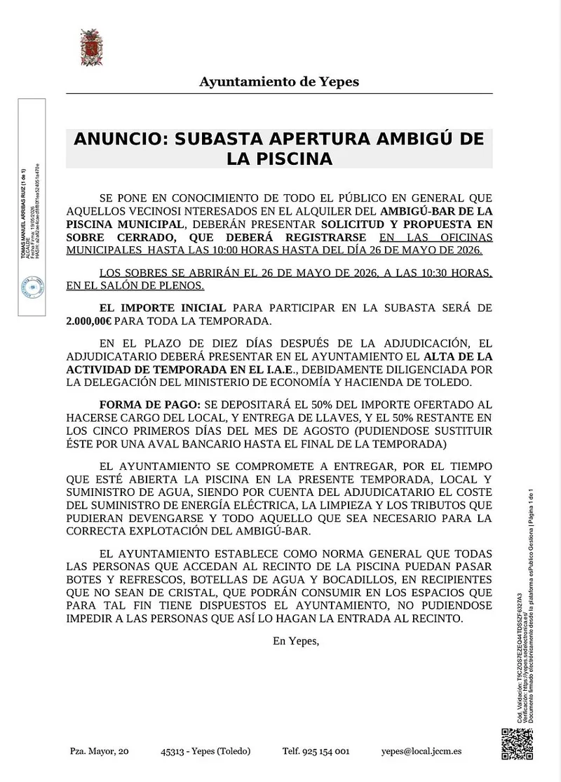 Yepes saca a subasta el alquiler del ambigú de la piscina municipal