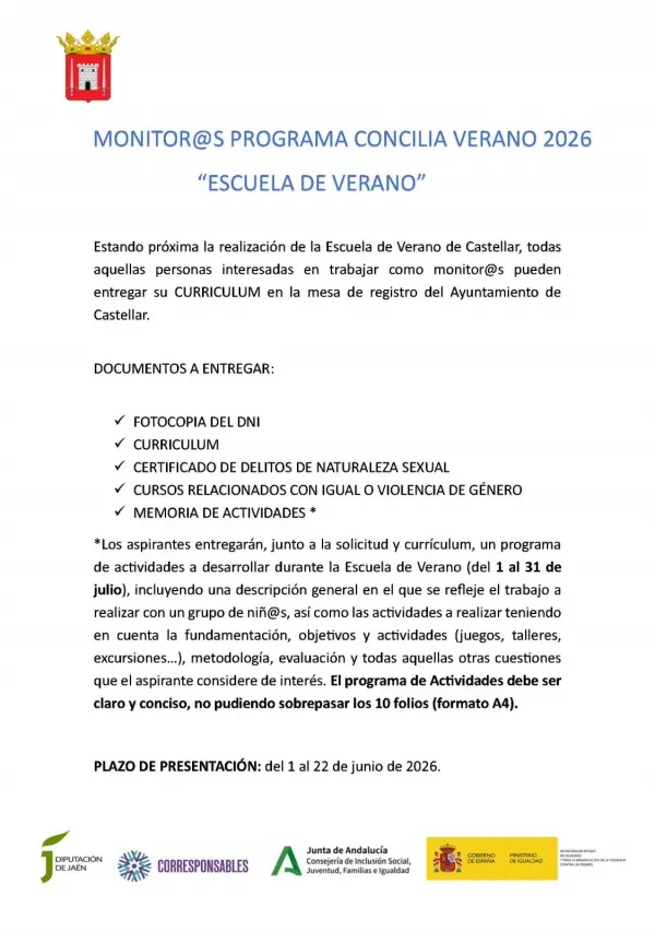 Castellar abre el plazo para contratar monitores para el programa Concilia Verano 2026