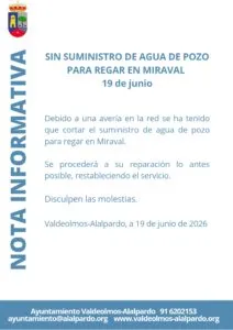 Corte de suministro de agua de pozo para riego en Miraval por avería