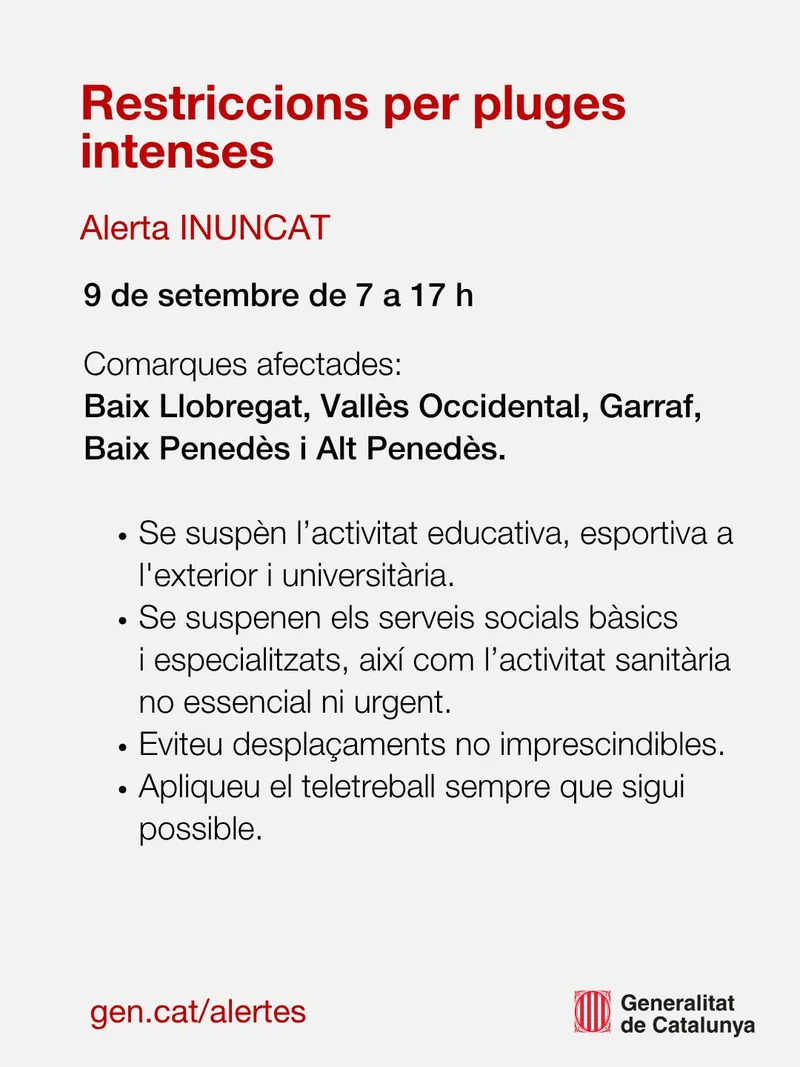 Suspensión de clases en Cataluña por alerta Inuncat: afectación en varias comarcas