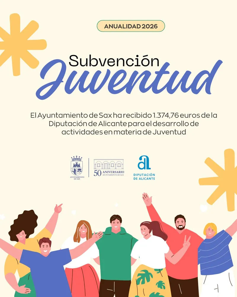 Sax recibe 1.374 euros de la Diputación de Alicante para actividades juveniles