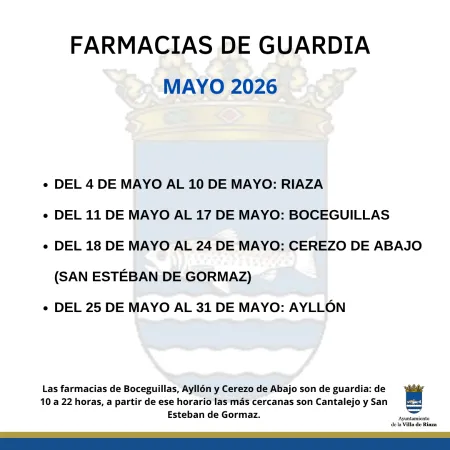 Farmacias de guardia en Riaza para el mes de mayo de 2026