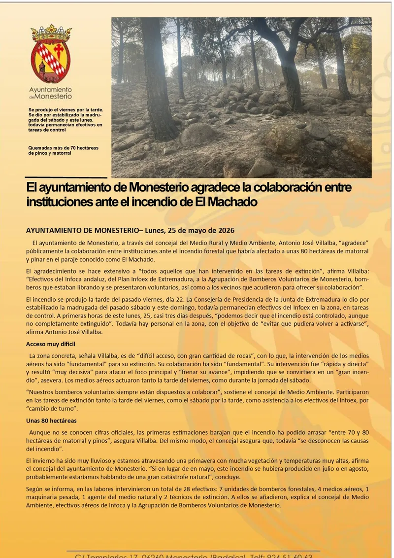 Monesterio agradece la cooperación institucional tras el incendio de El Machado