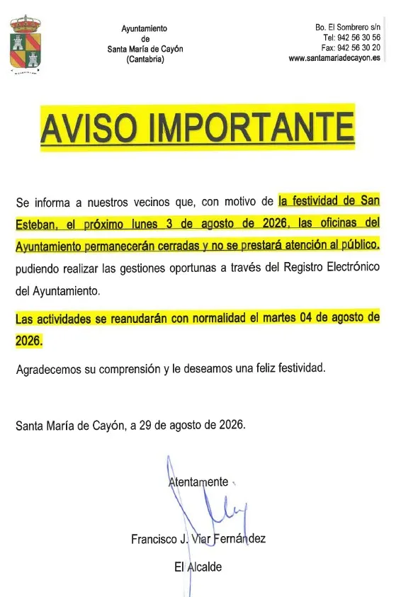 Santa María de Cayón cierra sus dependencias municipales el 3 de agosto por festividad local