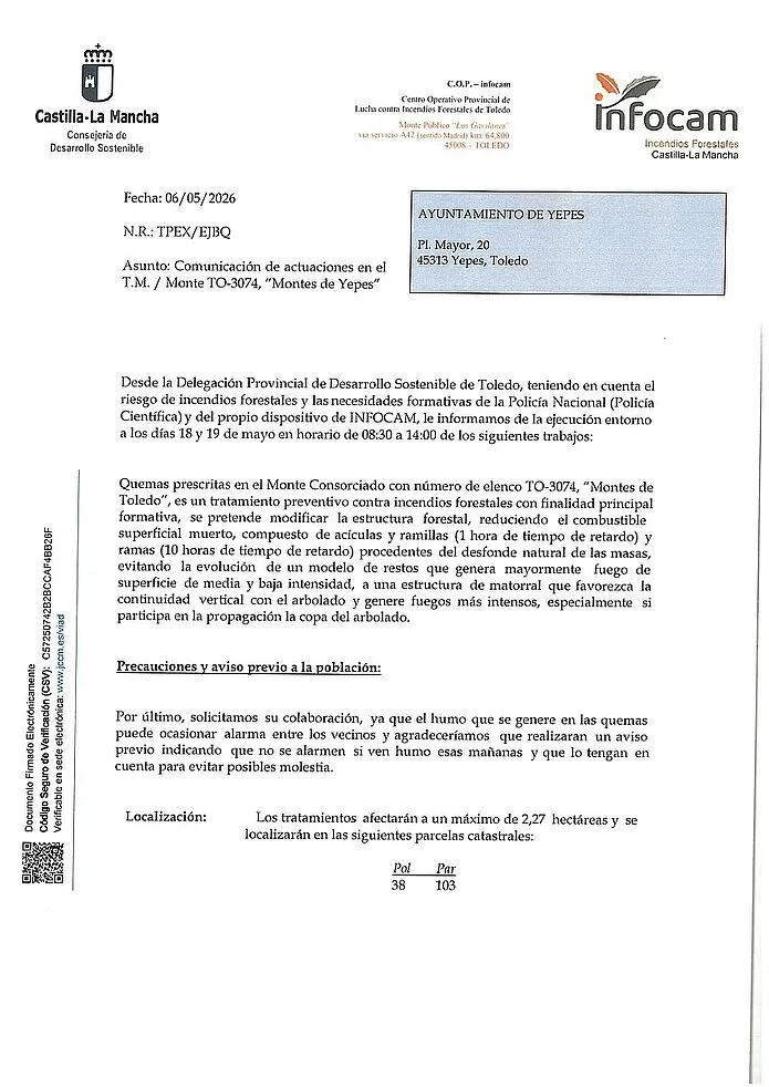 Yepes realizará quemas prescritas para prevenir incendios forestales y formar a efectivos