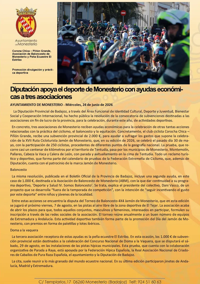 La Diputación Provincial destina fondos a tres asociaciones deportivas de Monesterio