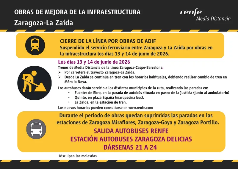 Obras en Fuentes de Ebro cortan la línea de tren; Renfe habilita transporte por autobús