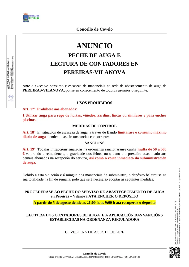 Corte de agua programado en Pereiras (Salvaterra de Miño) el 5 de agosto