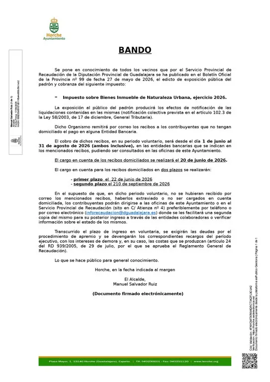 Horche abre el plazo para el pago del IBI urbano de 2026 con vencimientos en verano y otoño