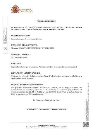 Cantalejo busca tres operarios de servicios múltiples para el verano