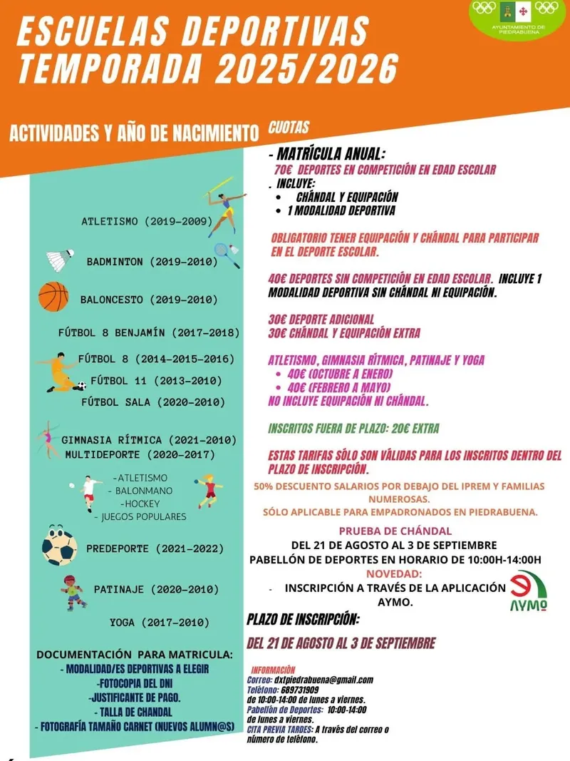 Piedrabuena abre el plazo de inscripción para las escuelas deportivas del curso 2025-2026