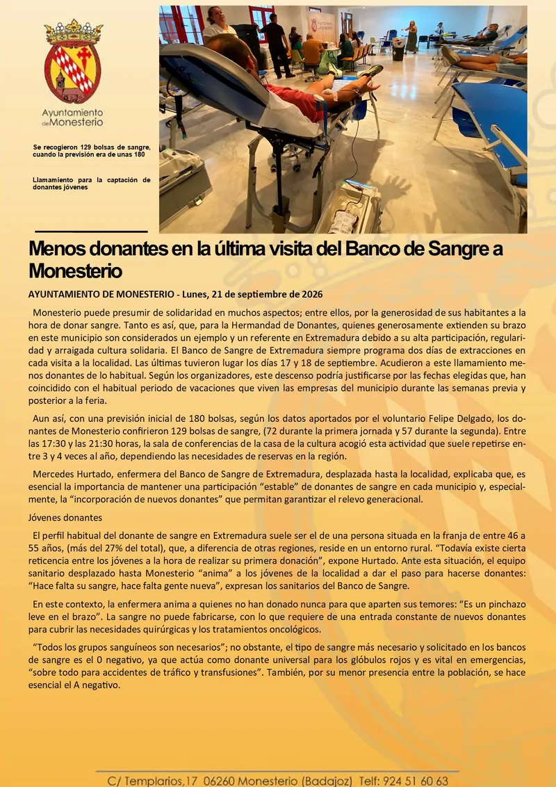 Monesterio registra una notable disminución en la participación de donaciones de sangre