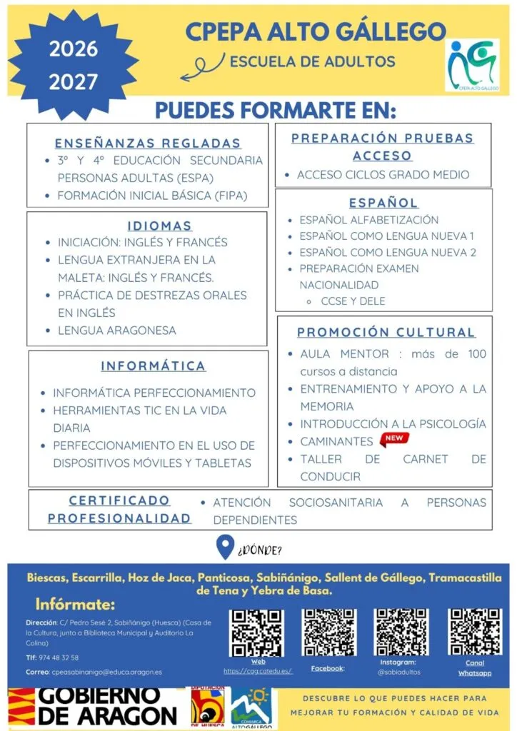 Abierto el plazo de matrícula para los cursos de la Escuela de Adultos de Biescas