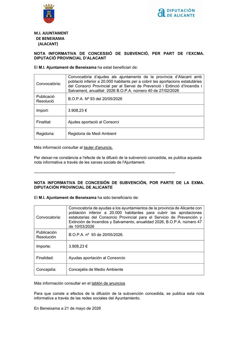 Beneixama recibe una subvención provincial para el servicio de bomberos