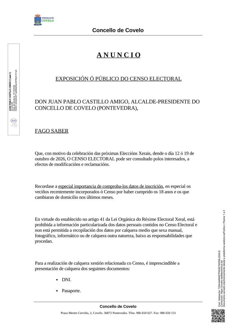 Covelo abre el censo electoral para consulta ciudadana hasta el 19 de octubre